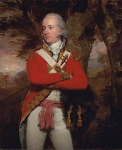 Portrait of General Duncan Campbell, of Lochnell and Barbreck, Argyll (1763-1837), three-quarter-length, in a scarlet military coat with gold facings and epaulettes, white vest and breeches, a pink sash around his waist, his bearskin in his right hand, in a wooded landscape