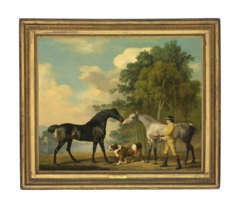 George Stubbs, Two hunters with a young groom and a dog by a lake