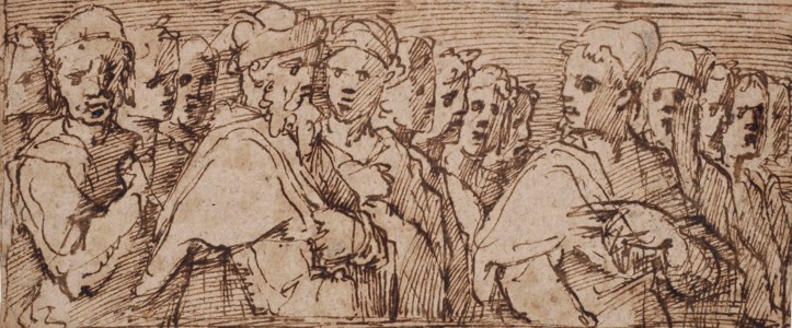 A frieze showing the heads of a group of men
