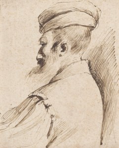 The head of a bearded man wearing a cap