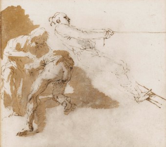 A sailor hauling on a rope, and two other figures, perhaps a doctor and patient