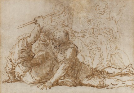 Two soldiers struggling over a spear, another man protecting himself with a shield beyond