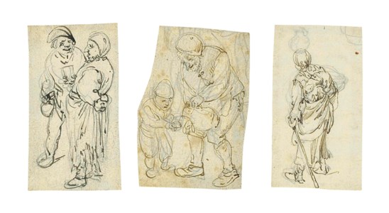 A group of figure studies: Two peasants drinking; A traveller with a staff and a bundle on her back; Three peasants resting on a bench; A couple greeting an old woman; and A man helping a child to wash his hands