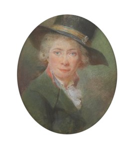 Self portrait, bust-length, in a black hat and green coat