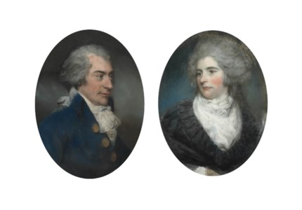 Portrait of Sir John Frederick, 5th Bt. (1750-1825), of Burwood Park, Walton-on-Thames, in a blue coat with powdered hair; and Portrait of Lady Frederick, née Mary Garth (d. 1794), in a white muslin dress with black lace cloak