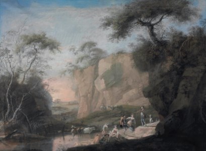 A rocky wooded landscape with figures dancing and resting by a pool and herdsmen driving cattle