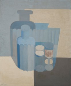 Verres et bouteilles en bleu