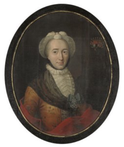Portrait of Dorothea Øllegaard Rosenkrantz (1723-1786), quarter-length, in a yellow dress with a black lace shawl and white bonnet, with a coat of arms (upper right)