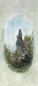 A monkey picking fruit before a classical statue