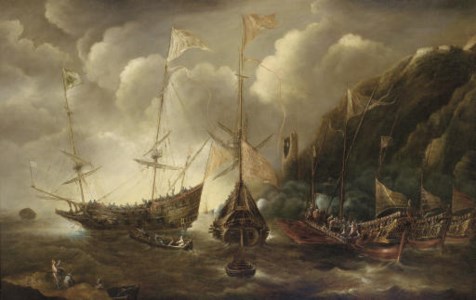 A Mediterranean capriccio of a sea fight between European merchantmen and Ottoman galeasses