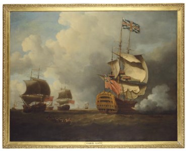 The Royal William (formerly the Prince ) firing a salute as she shortens sail when arriving at the fleet anchorage