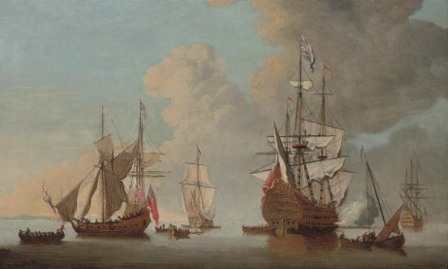 The flagship Royal Sovereign firing a salute at the Nore with other warships and Admiralty yachts in attendance