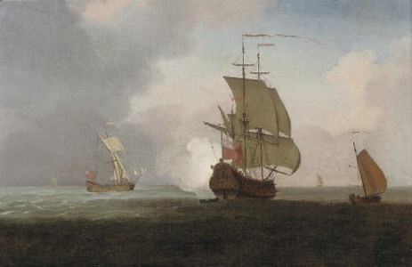 A two-decker announcing her arrival at the anchorage, with an Admiralty yacht running out to meet her