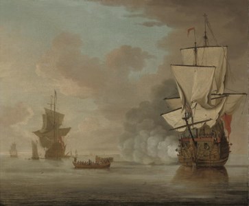 An English man-o'war saluting the flagship as she gets underway from her anchorage