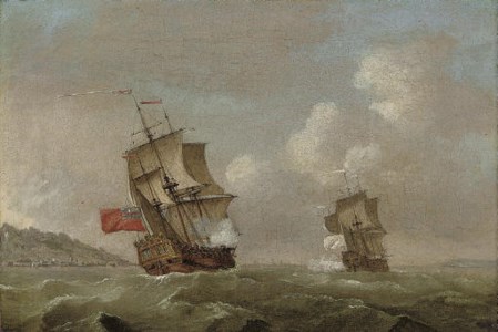An English warship pursuing a Frenchman up the coast