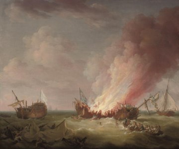 H.M.S. Quebec ablaze at the end of her epic struggle with the French frigate Surveillante , 6 t h October 1779