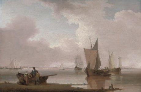 Small traders in a calm on an estuary, with fisherfolk in the foreground