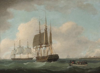 English frigates hove-to off a port, with officers being rowed ashore