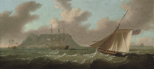 A view of Gibraltar from the south with H.M.S. Ajax anchored in the bay and the armed cutter Frisk approaching her stern