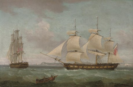 An East Indiaman in two positions off Dover, with the pilot cutter approaching off her starboard bow