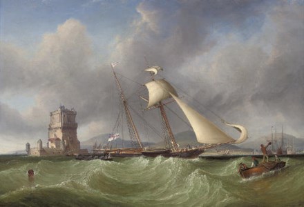 Lord Belfast's yacht Emily hove-to for her owner to come aboard, off the Belem Tower, at the mouth of the Tagus, Lisbon