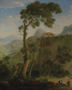 A mountainous landscape with a mother and her children resting