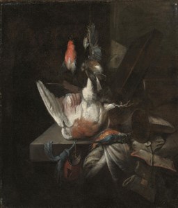 Still life of a dead partridge and other birds, and implements of the chase on a draped stone ledge