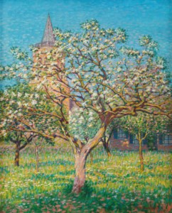 Blossoming tree with the church of Laren in the distance