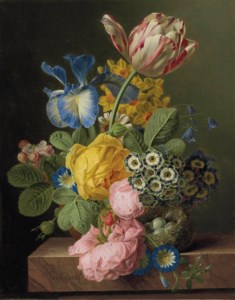 A vase of flowers with a bird's nest on a marble ledge
