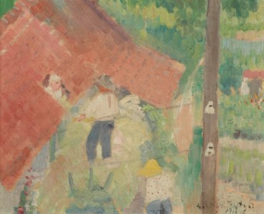 Paysans entrant le foin par la lucarne du grenier, Watermael