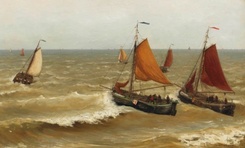 Bomschuiten in the surf near the coast of Scheveningen
