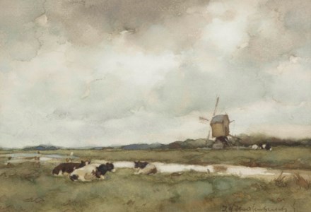 Cows in a Dutch landscape, a wind mill beyond