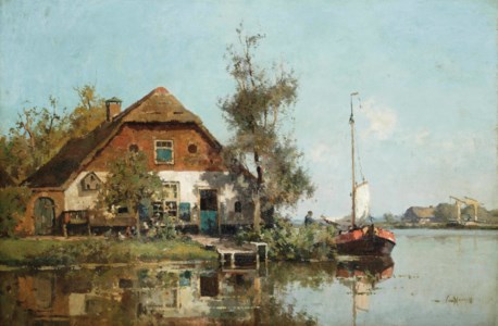 A moored sailing vessel near a farmhouse