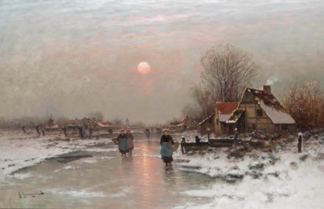 Dutch peasants on a frozen waterway at sundown