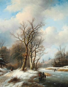 Figures on a frozen waterway, a castle beyond