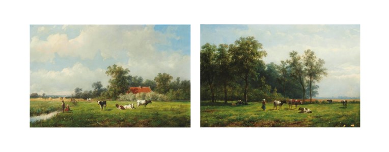 Fishing in a dyke; and Tending to cattle in a pastoral landscape