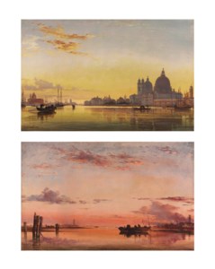 Sunset on the Lagoon of Venice, Church of Isola di San Giorgio in Alga in the distance; and Santa Maria Della Salute, Venice: Evening