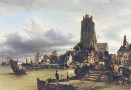 A view of Dordrecht harbour with the Grote Kerk in the background