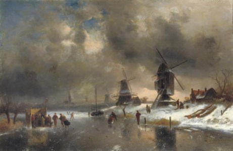 Windmills along a frozen waterway with a 'koek en zopie'