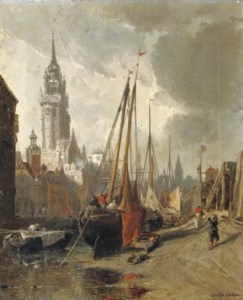 Boats moored in a harbour, Normandy