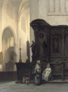 Gothische kerk te Wouw: a Gothic church interior with monks conversing