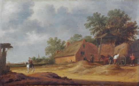 A dune landscape with farmers unloading a hay wagon near a farm house, a horseman on a sandy path to the left