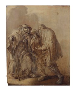 An elderly beggars' couple holding an empty bowl upturned; ` en brunaille '