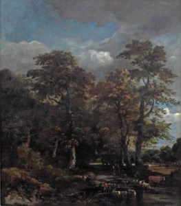 A wooded landscape with cattle crossing a stream