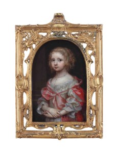 Portrait of a girl, half-length, in a white lace-trimmed dress and red cloak, with a pearl necklace