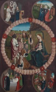 The Joyful Mysteries of the five Rosaries, with the Adoration of the Magi; the Annunciation; the Visitation of Mary to St. Elizabeth; the Presentation of the Child in the Temple; and the Adoration of the Shepherds