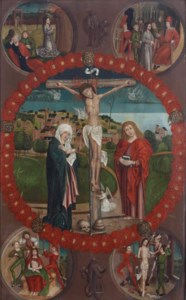 The Sorrowful Mysteries of the Five Rosaries, with the Crucifixion; Christ in the Garden of Gethsemane; Christ before Herod; the Crowning with Thorns; and the Scourging of Christ on the pillar