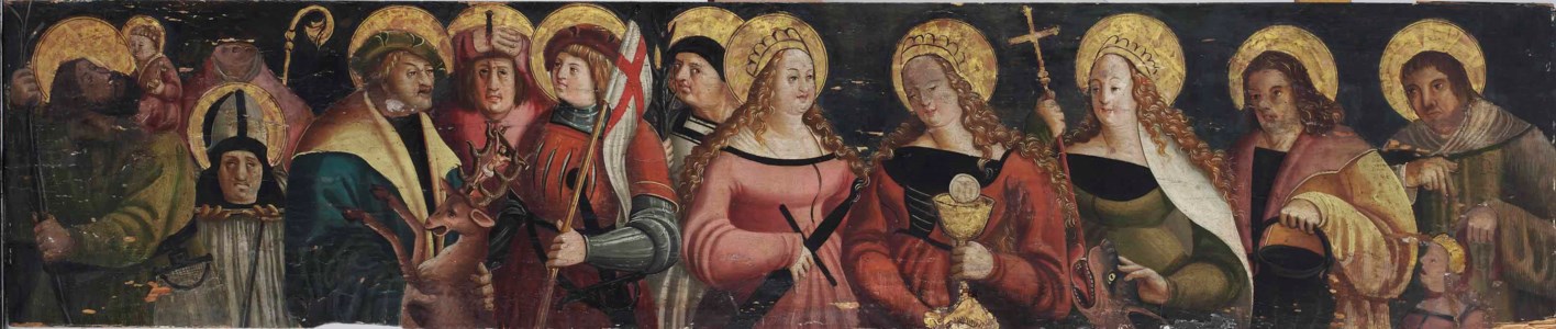 A predella: Eleven Holy Helpers; Saint Christopher, Saint Denis, Saint Eustache, Saint Pantaleon, Saint George, Saint Achatius, Saint Catherine, Saint Barbara, Saint Margaret of Antioch, Saint Vitus, Saint Cyriakus