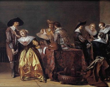 A merry company conversing in an interior, a lute, a flute and books on a draped table