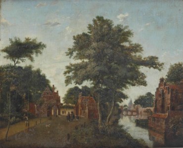 A view of a gateway along a river with elegant figures taking a stroll, a walled town in the distance